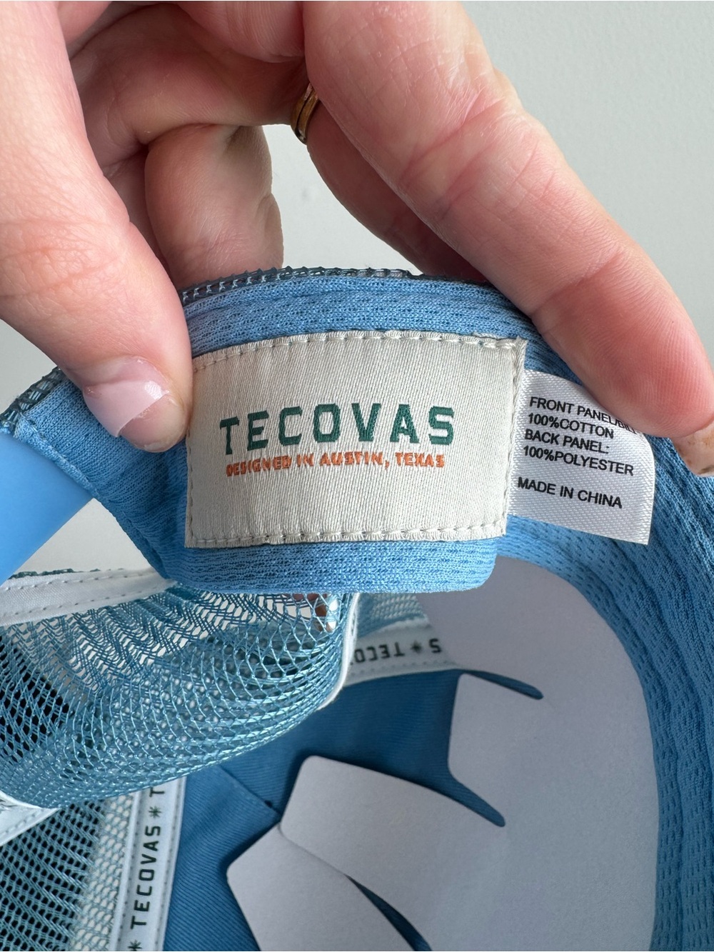 Tecovas Light Blue Trucker Hat with Cream Logo Patch and Green Accent - Picture 3 of 5